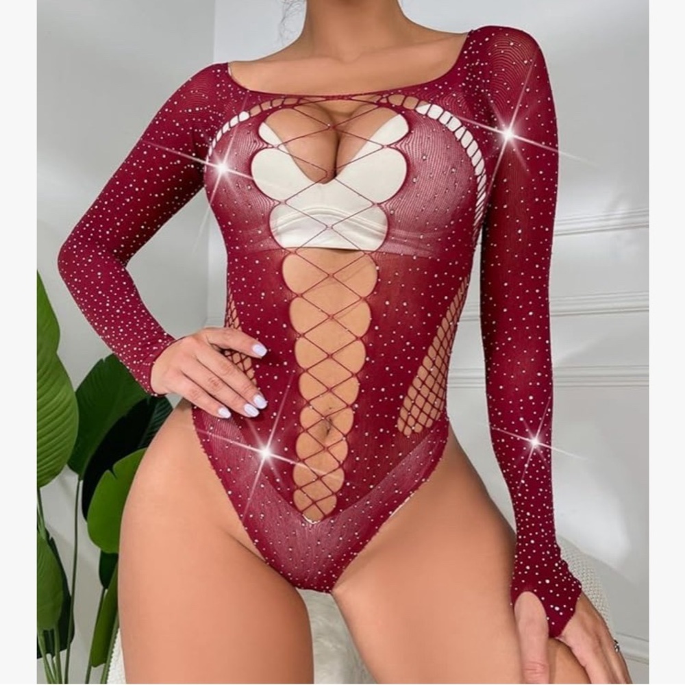 NEW - Rhinestone mesh transparent tight fitting bodysuit, off the shoulder